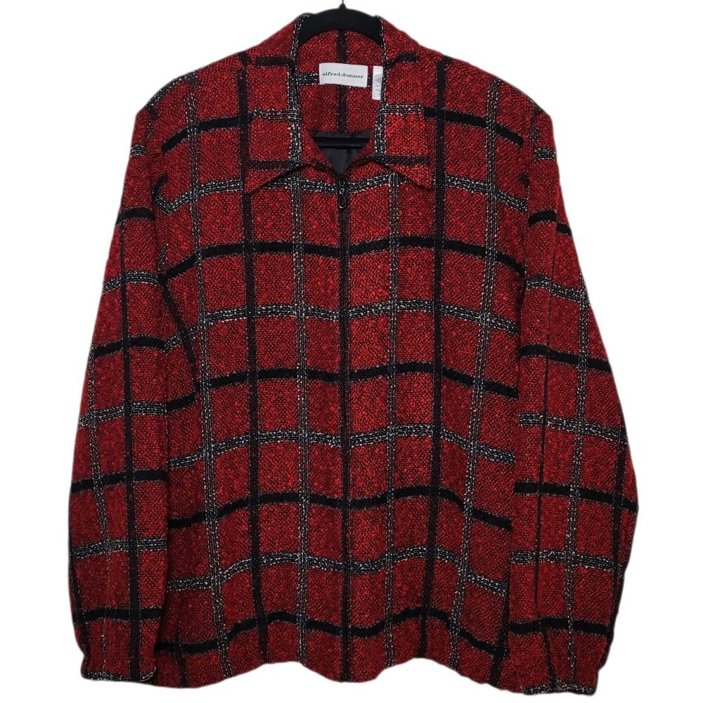 Alfred Dunner Plaid Jacket Vintage Zip Fuzzy Red Black 18 Cottagecore Preppy - Picture 12 of 12
